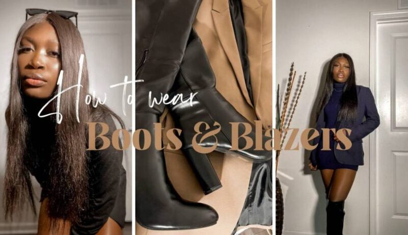 black girl wearing black boots and brown, blue and black blazers