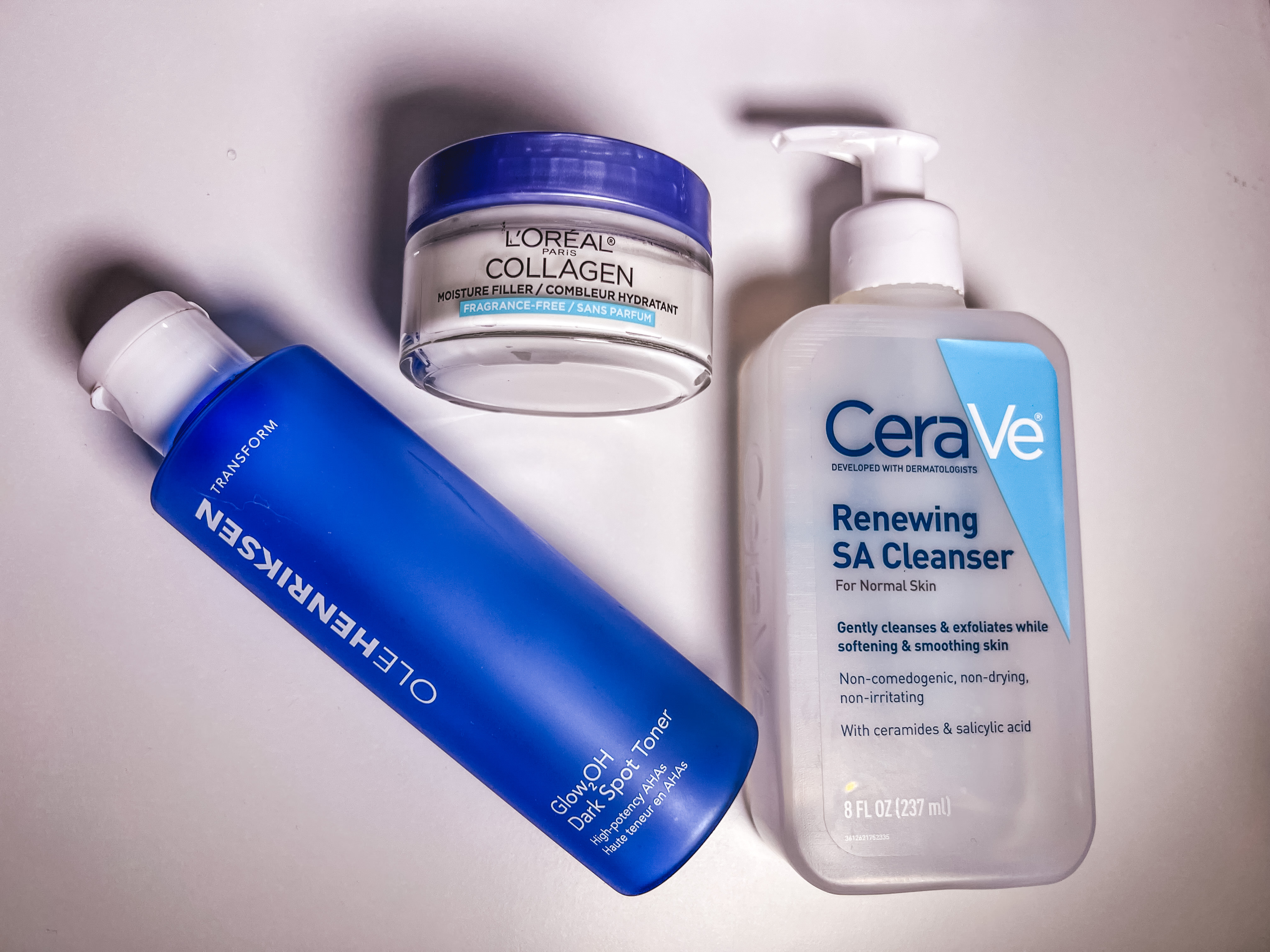 Winter skincare routine products; cerave cleanser, olehendriksen toner and L’Oréal collagen moisturizer 